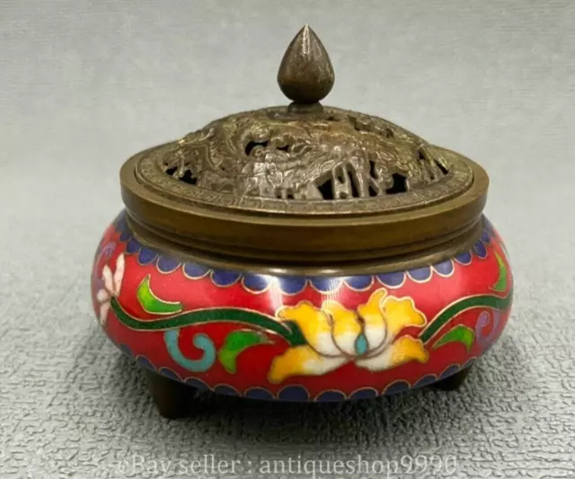 3.4" Xuande Marked Chinese Copper Cloisonne Red Flower Dragon Incense Censer