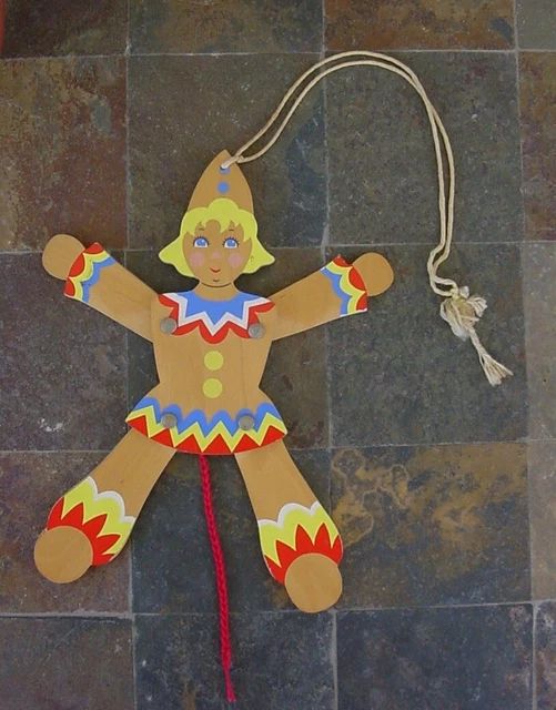 Original Bergischer Engel Vintage Wood Jumping Clown with String