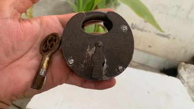 Vintage Old Hand Forged Iron Padlock Round Lock with Key Working Indian Lock