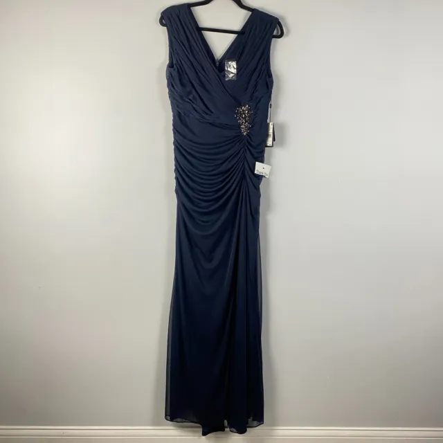 Adrianna Papell Maxi Dress Gown Womens 10 Navy Blue Shirred Beaded Sleeveless