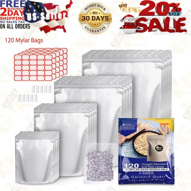 120 Mylar Bags for Food Storage with Oxygen Absorbers 300cc 8 Mil 1Gallon 10"...