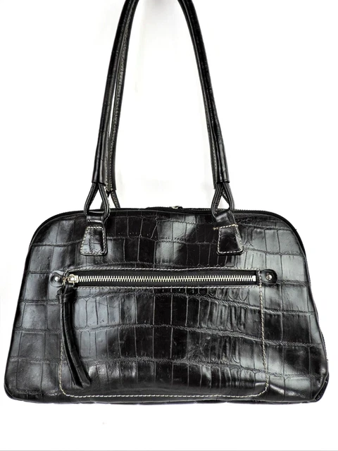 JONES NY Black Croc Embossed Organizer Travel Satchel Shoulder Bag Zipper Purse