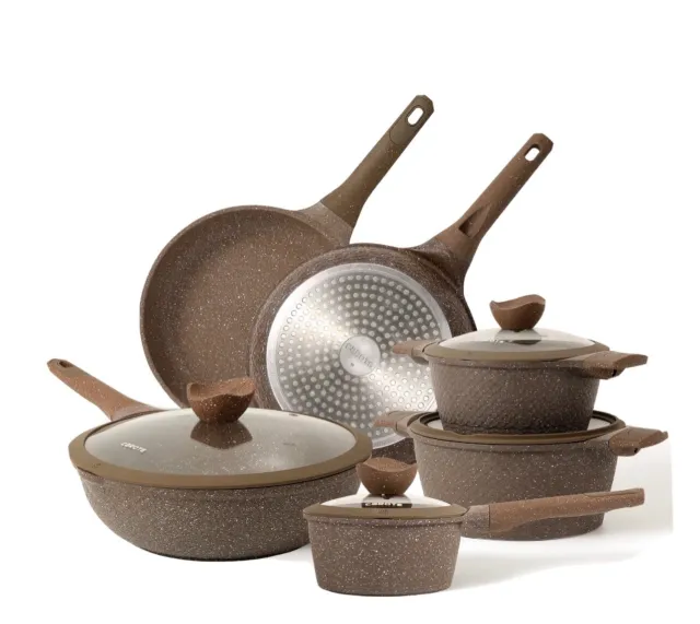 Pots and Pans Set Nonstick Brown Granite Induction Kitchen Cookware Sets 10 Pcs