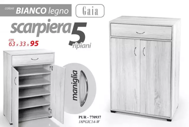 ARMADIO SCARPIERA 2 ANTE CASSETTO MOBILE RIPIANI ROVERE BIANCO LEGNO 95*63*33cm