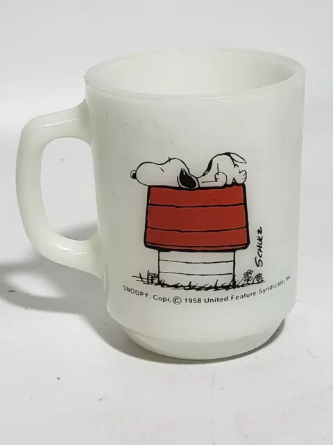 Peanuts Snoopy Fire King Coffee Mug "I THINK I'M ALLERGIC TO MORNINGS" 1958