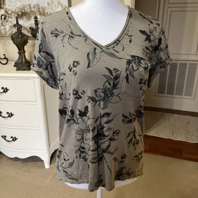 Anthropologie T. La V-Neck Pocket Tee T-Shirt Sz S Khaki Floral Cotton Modal NWT