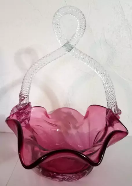 Handblown Angelo Rossi Cranberry Glass Spiral Basket w Twisted Handles SEE NOTE