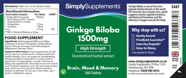 Ginkgo Biloba 1500mg - 360 Comprimés - Normes de qualité - SimplySupplements 2