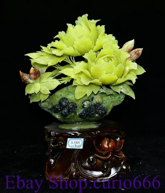 14" Rare Chinese Xiu Jade Hand Carving Feng Shui Peony Flower Teapot Sculpture