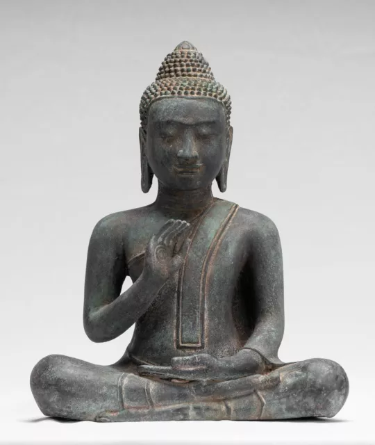 Antique Khmer Style Bronze Buddha Statue Dharmachakra Teaching Mudra - 34cm/14"