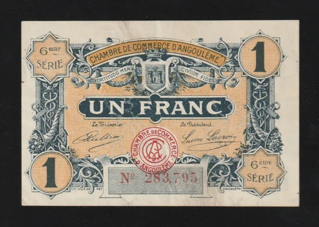 France, 1 Frank, Chambre de Commerce D'Angouleme, 1924, XF++ Banknote