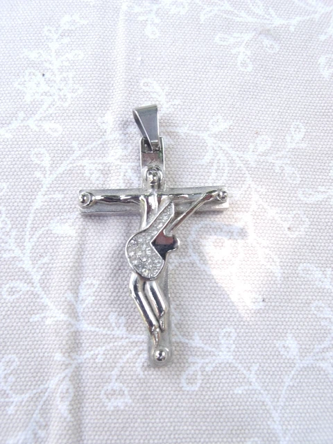 COTEMODE Croix Guitare Johnny HALLYDAY Acier 316 - Pendentif Argenté Pierre Bleue Avec Cordon Cuir