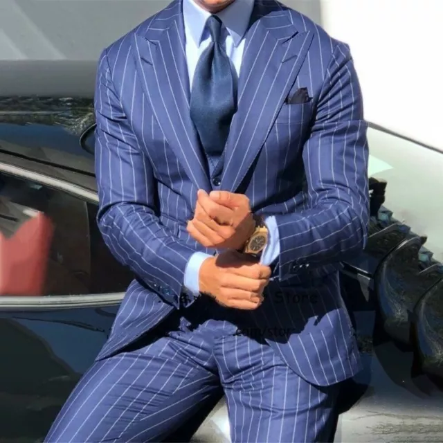 Men Blue Striped Suits Slim Fit Wedding Groom Tuxedo Peak Lapel Business Blazers