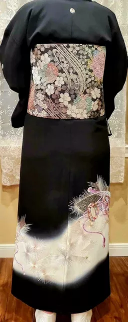 Vintage Japanese Kimono Fukuro Obi NOS Sakura Blue Kyoto Black Luxurious Gold