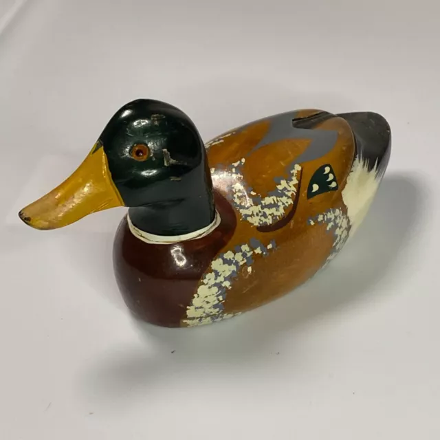 Vntg Wood Mallard Decoy Duck Hand Painted Glass Eyes 7.5" Unmarked - neck repair