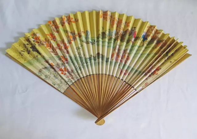 Vintage Fan 1930s Wood Hand Painted Paper Japanese Geisha Girl Boat Ladies 30s