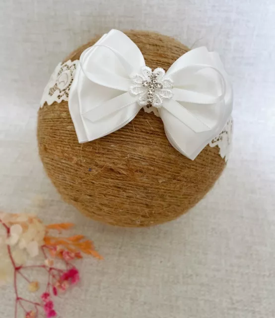 Baptism Christening Headband in OFF WHITE Satin Bow with Cross Lace Band