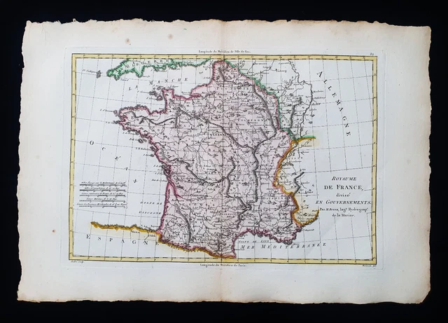 1787 BONNE rare Map: EMPIRE of FRANCE, GAULE, PARIS, COTE D'AZUR, CANNES, NICE