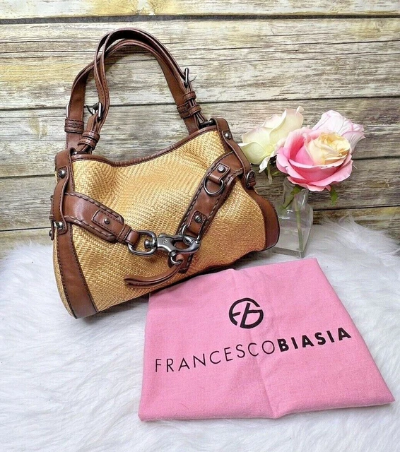 Francesco Biasia Beige Straw Brown Faux Leather Purse Shoulder Bag Satchel Tote