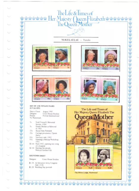 Nukulaelae Tuvalu - Set Of 8 Stamps On Card - Queen Mother - Format - 1985