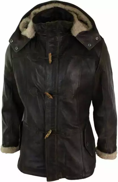 Men's Duffle Over Coat Trench Hooded Long Genuine Sheepskin Leather Jacket