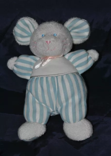 Peluche Doudou Souris PLÜSCH HEUNEC Bleu Blanc Rayé Grelot Noeud Rose 23 Cm TTBE