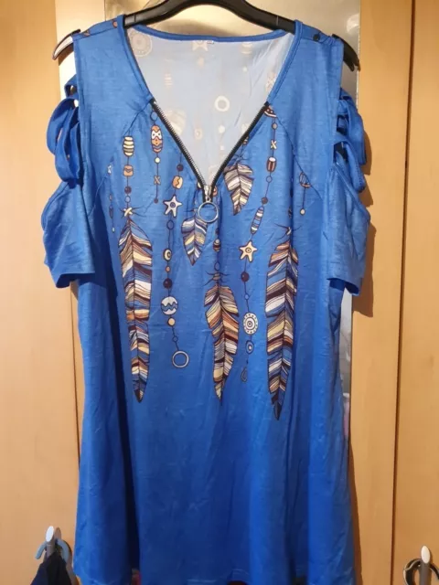 New Womens 5xl Pit To Pit 24 " blue Cold Shoulder Top T Shirt. Feathers Print.