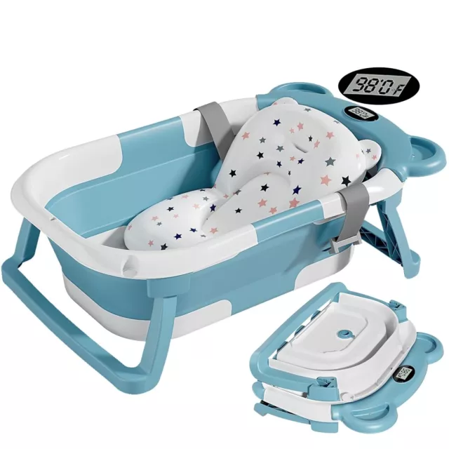 Collapsible Baby Bathtub for Newborn with Thermometer & 1 Soft Sky Blue