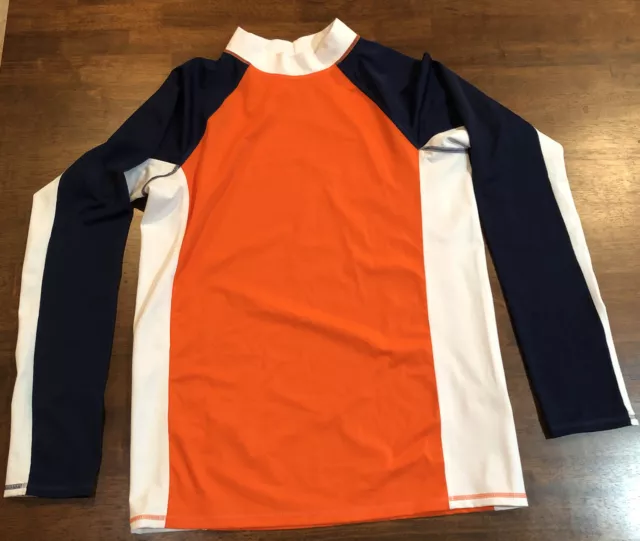 LANDS’ END Swim Rash Guard Shirt Long Sleeve Kids Large (14-16) Navy Blue Orange