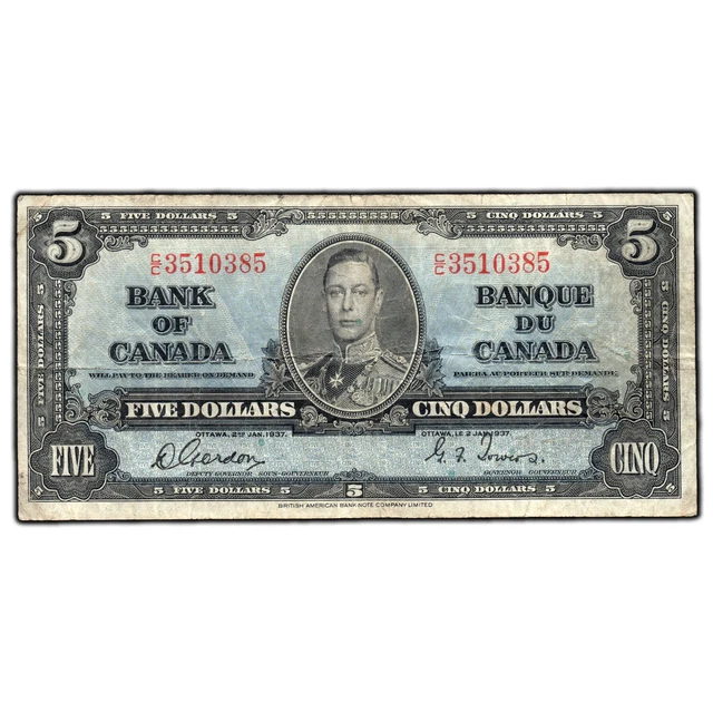 $5 1937 Bank of Canada Note Gordon-Towers C/C Prefix BC-23b