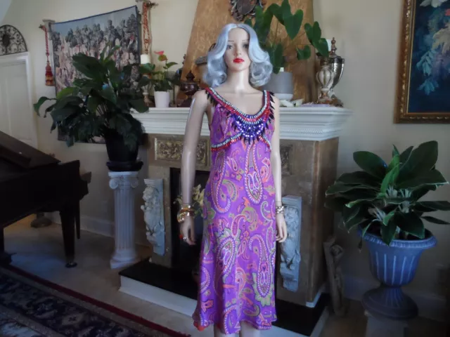 Etro 100% Silk Purple Multi Paisley Print Embellished Dress Size IT 40 - US 4 3