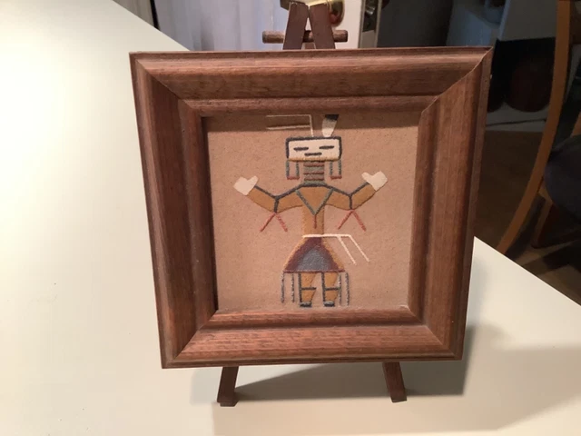Vintage Navajo Native American Sand Art 6” Framed w/ Stand Easel