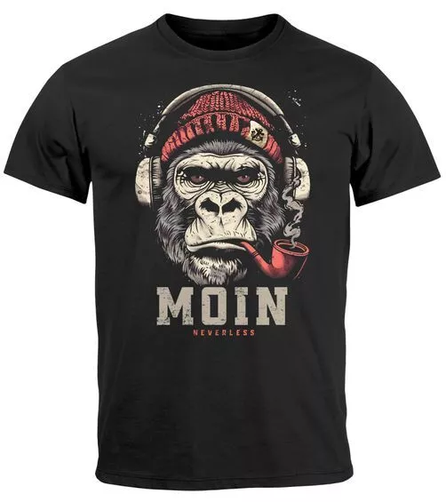 Herren T-Shirt Moin Schriftzug Gorilla Musik Aufdruck Brustprint Printshirt