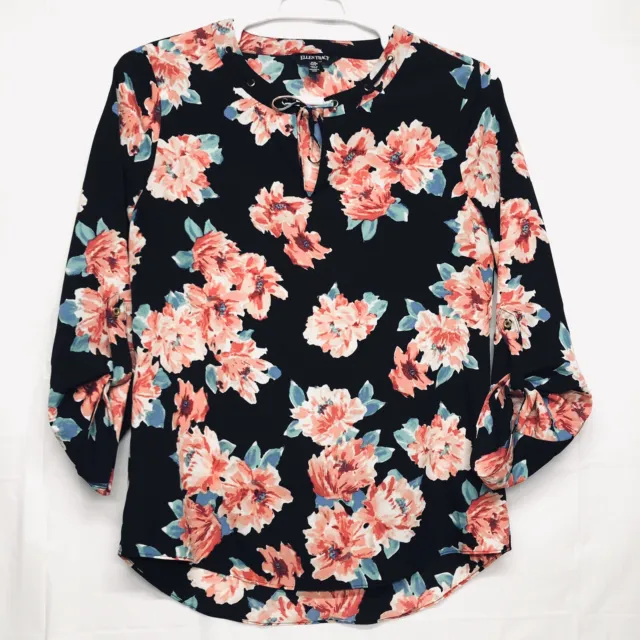 Ellen Tracy Blouse Top Size M Pullover Keyhole Tie Peplum Floral Long Sleeve
