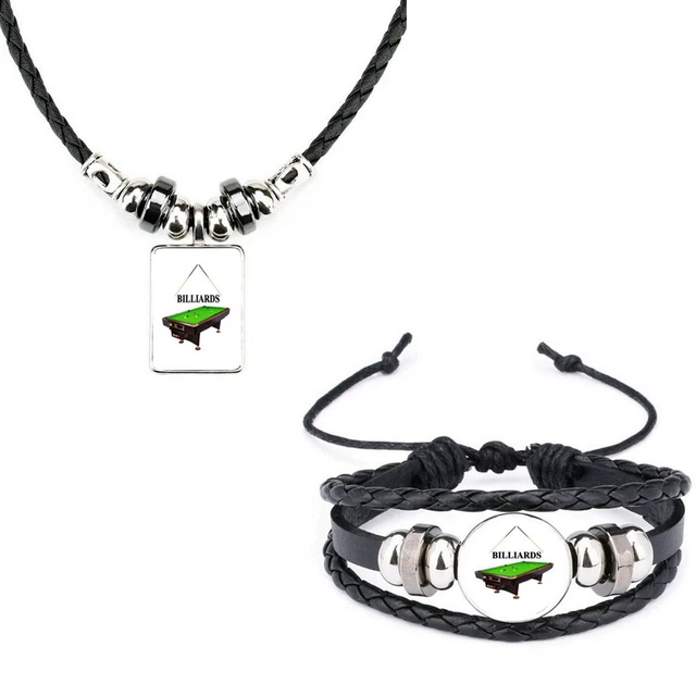 Set Of 2 Billiards Cue Pool Black Bracelet And Black Leather Necklace With Bag