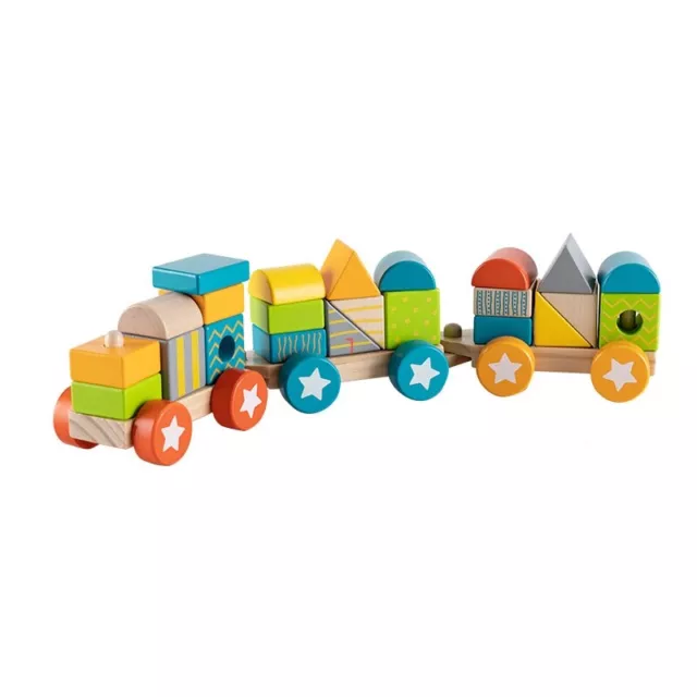 Be4Ever Wooden Toy Stacking Train - Pull Along Building Blocks ,Shape Sorter