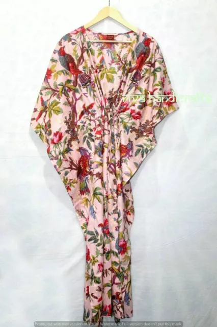 Rose Bébé Imprimé Oiseau Coton Caftan Robe Pyjama Plage Couvre Nuit Robe Maxi