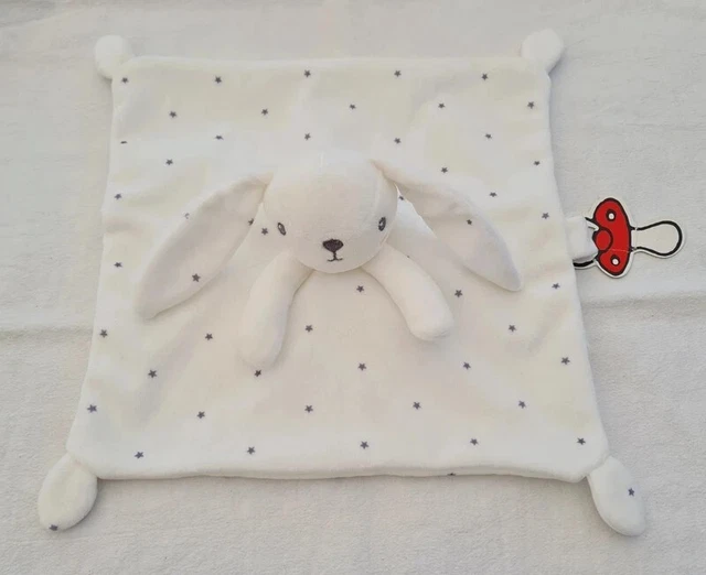 Doudou Lapin carré plat blanc- Étoiles grises - Attache tétine - Simba