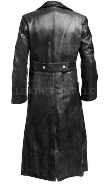 Mens German Classic WW2 Military Officer Cosplay Black Real Leather Trench Coat 2
