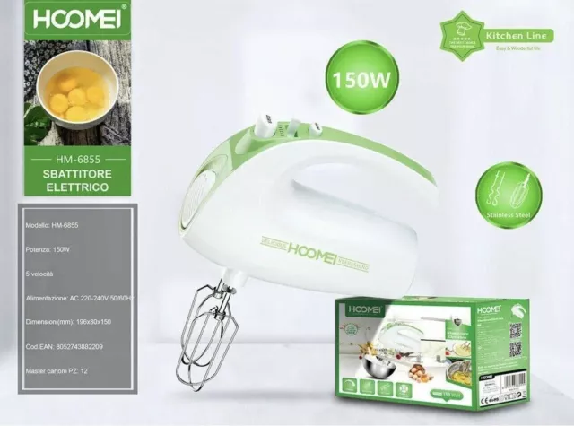 Sbattitore Elettrico Fruste 5 Velocita' Frullatore Impasta 150 Watt Hoomei Mixer