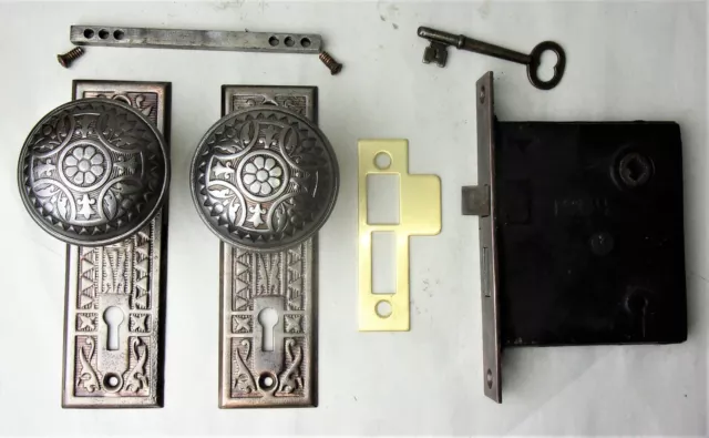 Antique Door Set Victorian / Eastlake Backplate Knob Mortise Lock Key Reclaimed