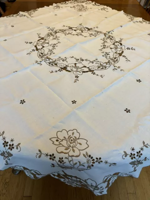 Vintage Cream MADEIRA Linen Cutwork TABLECLOTH 50" x 48" + 6 Napkins SET