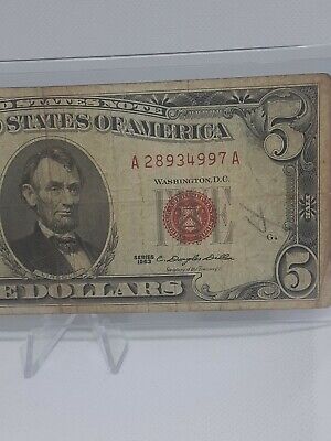 (1) $5 Dollar Red Seal 1953 1963 5 Dollar Note Legal FIVE Bill