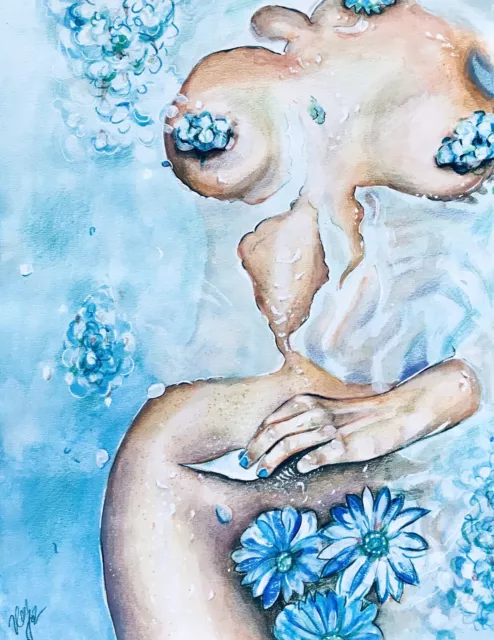 Originale Frauenakt Zeichnung A3 Erotik Kunst Gemälde Acryl Blau Wasser Blumen