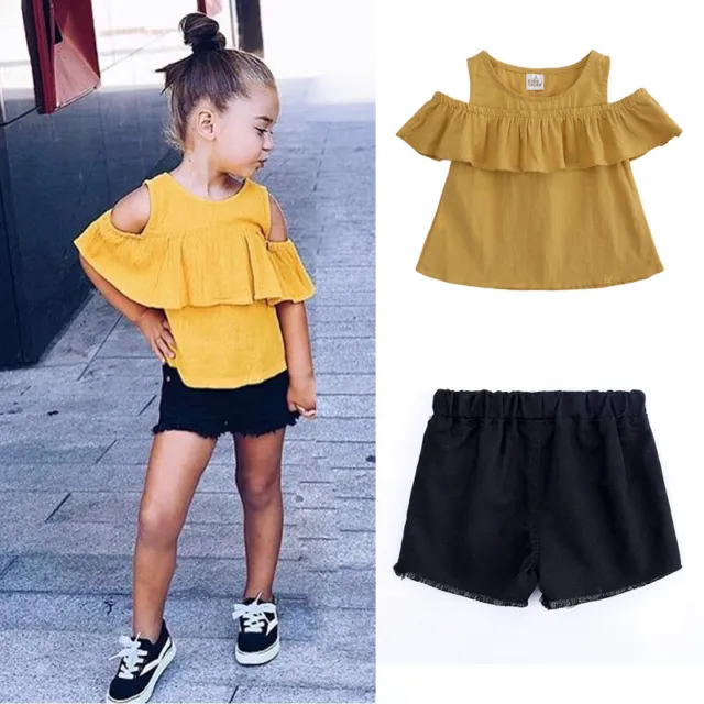 Kids Baby Girls Ruffle Tops Shorts Solid Outfits Summer Toddler Clothes Set