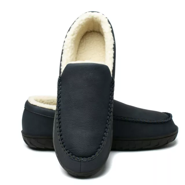 Mens Fuzzy Moccasin Slippers Suede Sherpa Fleece Indoor Outdoor Warm Faux Shoes