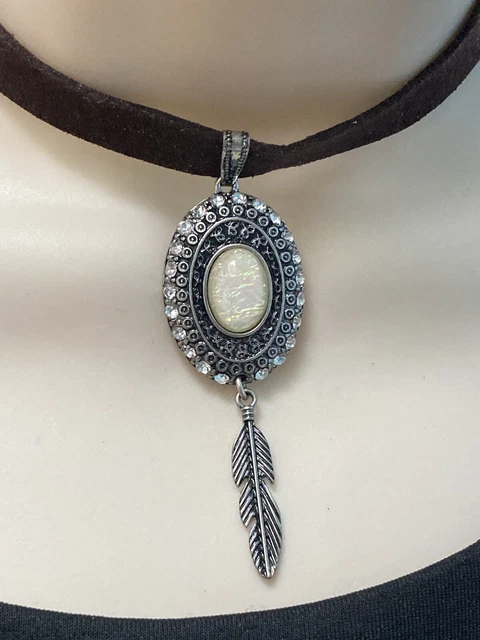 Charming Charlie brown suede southwestern feather Moonstone necklace choker 10”