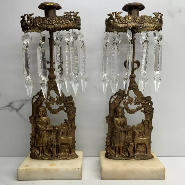 Set Antique Figural Victorian Girandole Candlesticks Marble Brass Crystal Prisms