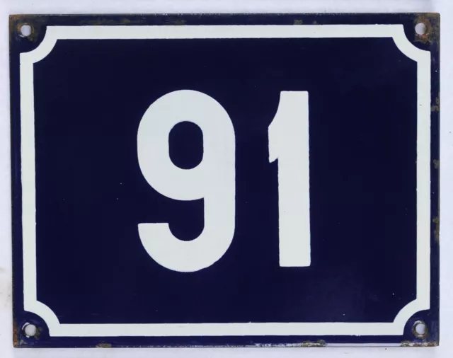 Large old blue French house number 91 door gate plate plaque enamel sign NOS