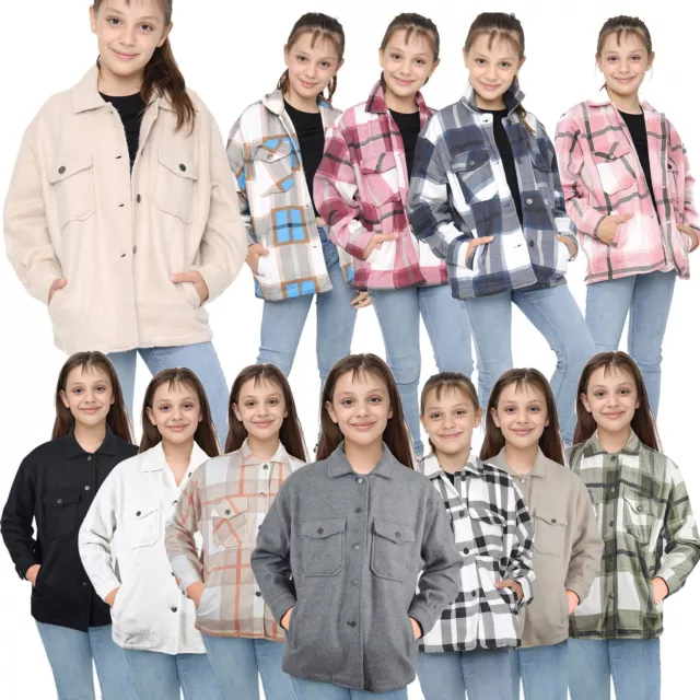 Kids Girls Plain & Check Print Jackets Tunic Fleece Collared Fashion Coat 7-13 Y